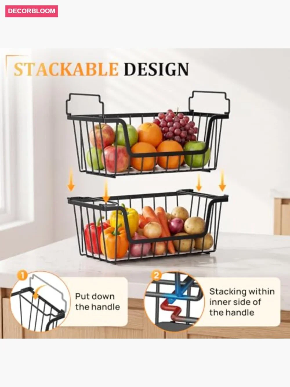4 Stackable Wire Storage Baskets for Pantry & Kitchen Organization